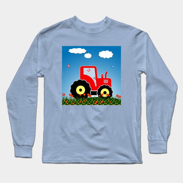 Red tractor in a field Long Sleeve T-Shirt by Gaspar Avila